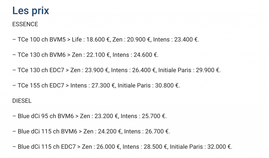 Grille des prix du Captur 2019